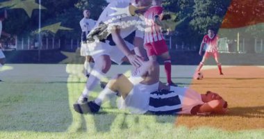 Futbolcu, sahada yaralanan takım arkadaşına DNA ipliği animasyonu ile yardım ediyor. Sportmenlik, takım çalışması, sakatlık, yardım, biyoloji, bilim