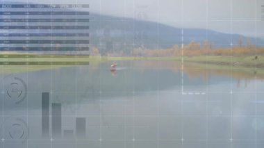 Veri canlandırma animasyonu sakin göl üzerinde teknede balık tutan kişi ile birlikte. Doğa, sükunet, açık hava, teknoloji