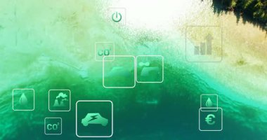 Çevresel ikonlar ve veri işleme animasyonu dingin orman ve göl manzarası üzerinde. sürdürülebilirlik, doğa, koruma, dijital, ekoloji, manzara