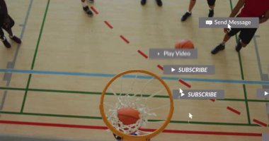 Okulda, oyuncular yerine sosyal medya bildirimleriyle basketbol maçının animasyonu. Spor, dijital, teknoloji, takım çalışması