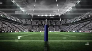 Stadyumda, sahada dijital animasyon efektleri olan rugby kalesi. Spor, teknoloji, açık hava, rekabet, atletizm, yenilik