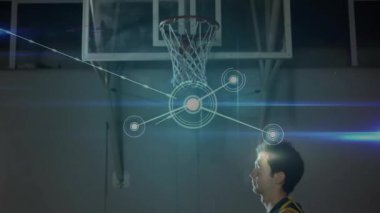 Dijital ağ bağlantıları, animasyon sahnesindeki iki basketbolcu ile etkileşim. teknoloji, animasyon, bağlantı, sporcular, takım çalışması, sanal