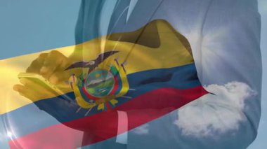 Mavi gökyüzünün altında kitap tutuyor, Ekvador bayrağı animasyonu ile örtüşen bir iş adamı. Profesyonel, kurumsal, vatanseverlik, başarı, liderlik, iyimserlik