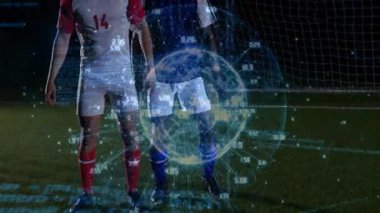 Futbolcular dijital küre ve veri ile hareket halinde ve animasyonu örtüyor. Spor, dinamik, takım, rekabet, küresel, teknoloji