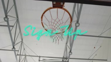 Spor salonundaki basketbol potası animasyonunu çevreleyen yeşil metni yaz. Tipografi, grafikler, spor, jimnastik, el yazısı, kayıt