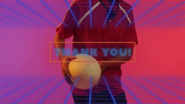 Voleybol topunu tutan, kırmızı formalı ve teşekkür eden kişi! Mavi çizgiler üzerinde animasyon. Spor, atlet, minnettarlık, takdir, hareket, takım
