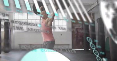 Spor salonunda halter kaldıran bir adam dinamik çizgi animasyonu eşliğinde. Spor, spor, egzersiz, güç, halter, antrenman
