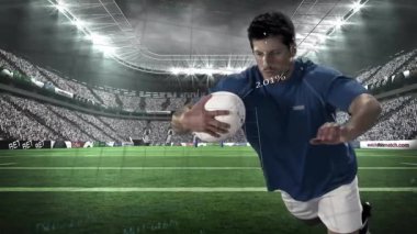 Stadyumda, mavi üniformalı ragbi oyuncusu gol atmak için dalıyor, animasyon. Spor, atlet, yarışma, skor, takım çalışması, aksiyon