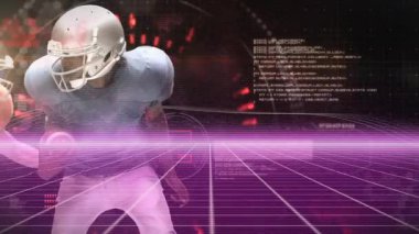 Amerikalı futbolcular dijital şebeke ve kırmızı ışık animasyonuyla hareket halindeler. Sporcular, yarışma, spor, dinamik, teknoloji, takım çalışması