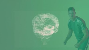 Beyin hologramıyla etkileşim, yeşil arka planda yeşil üniformalı bir atlet. Sanal gerçeklik, spor, teknoloji, dijital, yenilik, fütüristik