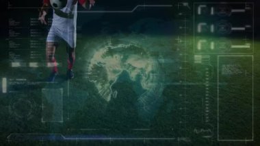 Çimenli alanda futbol topunu tekmelemek, animasyon dijital veri örtüşmesi olan oyuncu. atlet, hareket, teknoloji, spor