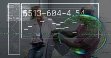 Dijital verilerle tıbbi danışma ve dünya haritası animasyonu. Sağlık, teknoloji, yenilik, küresel, gelecekçi, analitik