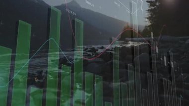 Bar ve çizgi, sakin dağ gölü manzarası üzerinde animasyon çiziyor. Veri görselleştirme, bilgi, analitik, doğa, sükunet, teknoloji