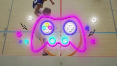 Arka planda oyuncu olan basketbol potası üzerinde neon oyun denetleyici animasyonu. Oyun, esportlar, spor, teknoloji, siber, eğlence