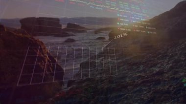 Gün batımında kayalık kıyı manzarasını kaplayan finansal veri grafiklerinin animasyonu. Maliye, borsa, yatırım, analitik, doğa, sükunet
