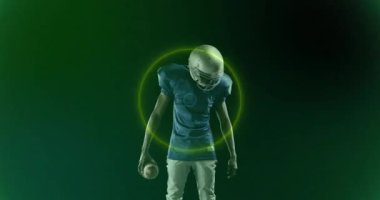 Futbol oynayan, yeşil arka planda parlayan dairesel animasyonu olan Amerikalı bir oyuncu. Spor, atlet, NFL, fütüristik, enerji, rekabet