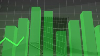 Arkasında güneş panelleri olan yeşil çizgi grafiğinin çizelge üzerinde dalgalanması. Analizler, yenilenebilir enerji, büyüme, sürdürülebilirlik, teknoloji
