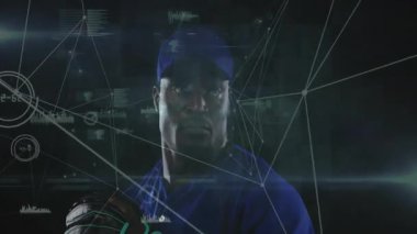 Sallanan sopa, arka planda veri canlandırma animasyonu olan beysbol oyuncusu. Spor, atlet, analitik, teknoloji, istatistik, rekabet