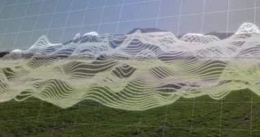 Dijital dalga animasyonu dağ manzarasında şebeke desenini örtüyor. Gelecekçi, teknoloji, soyut, doğa, yenilikçi