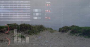 Doğa ortamındaki çimenli kum tepeciklerinin arasından kumlu yolda veri görselleştirmesi. animasyon, manzara, çevre, analitik, sunum, açık hava