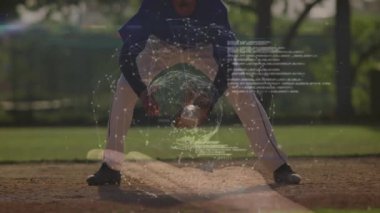 Beyzbolcu dijital ağ animasyonu ile yakalamaya hazırlanıyor. Spor, atlet, teknoloji, takım çalışması, bağlantı, rekabet