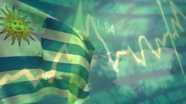 Uruguay bayrağı dalgalanan finansal grafik ve veri animasyonu üzerinde dalgalanıyor. Maliye, ekonomi, borsa, yatırım, analiz, ticaret