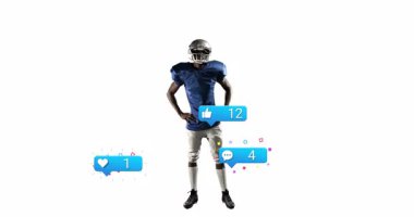 Animasyonla kutlayan Amerikalı futbolcu, sosyal medya simgeleriyle çevrili. Kutlama, spor, dijital, teknoloji, sosyal ağ, sanal