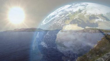 Dünya ve güneşin okyanus üzerindeki animasyonu, doğa ve gezegensel elementlerin harmanlanması. Göksel, kozmos, atmosfer, ahenk, gündoğumu, okyanus