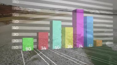 Kıyı manzarası üzerinde sayısal verileri gösteren renkli çubuk grafiğinin animasyonu. analitik, bilgi, istatistik, grafik, sunum, kıyı şeridi