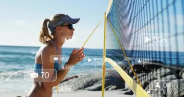Plaj voleybolu oynayan, sosyal medya ikonlarının animasyonuyla etkileşime geçen bir kadın. Tatil, eğlence, teknoloji, etkileşim, avatar, ağ