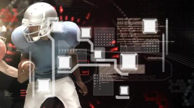 Dijital veri animasyonuyla uğraşan futbolcular sahada üst üste biniyor. Spor, takım çalışması, teknoloji, rekabet, dinamik, atletizm