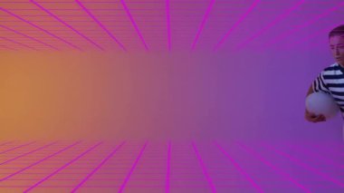 Rugby topunu tutan, dinamik pozisyonda, canlı geometrik animasyon geçmişi olan biri. Spor, atlet, enerji, renkli, soyut