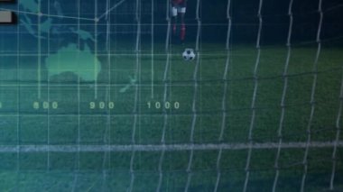 Finansal grafiğin animasyonu ve siluetçi ve futbolcu ile dünya haritası. Finans, ekonomi, atlet, spor, küresel, grafik