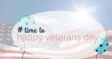 Amerikan bayrağının üzerinde mutlu gaziler günü mesajları ve balonlar. Vatanseverlik ve kutlama konsepti dijital olarak oluşturulmuş imaj.