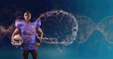 Amerikan futbolcunun kaskını tutan dijital beyin görüntüsü. global spor, fitness ve veri işleme konsepti dijital olarak oluşturulmuş görüntü.