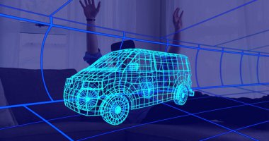 Evde VR kulaklık takan bir adamın üzerine 3 boyutlu teknik bir minibüs çizimi. teknoloji, tasarım ve dijital arayüz kavramı dijital olarak oluşturulmuş görüntü.