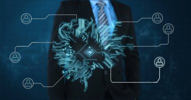 Takım elbiseli, dijital ağ kaplamalı iş adamı, bağlantı sergiliyor. teknoloji, yenilik, kurumsal, iletişim, fütürist, profesyonel