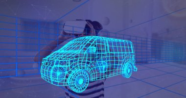 Evde VR kulaklık takan bir kadının üzerine 3 boyutlu teknik bir minibüs çizimi. teknoloji, tasarım ve dijital arayüz kavramı dijital olarak oluşturulmuş görüntü.