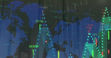 İstatistiklerin ve sayıların resmi, dünya haritası üzerinde finansal veri işleme. küresel finansman, iş dünyası, dijital arayüz ve dijital olarak üretilen görüntü konsepti.