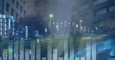 Şehirdeki finansal veri işleme ve iş adamlarının resmi. küresel finans, iş ve dijital arayüz kavramı dijital olarak oluşturulmuş görüntü.