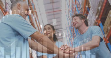 Depoda çalışanların veri işleme görüntüsü. küresel sevkiyat, dağıtım ve bağlantılar konsepti dijital olarak oluşturuldu.