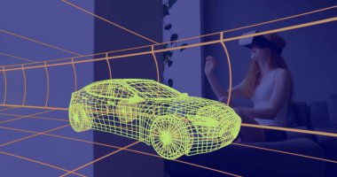 Evde VR kulaklık takan bir kadının üzerine 3 boyutlu teknik bir araba çizimi. teknoloji, tasarım ve dijital arayüz kavramı dijital olarak oluşturulmuş görüntü.