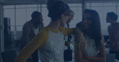 Ofisteki iş adamları üzerinde finansal veri işleme resmi. küresel iş, finans, veri işleme ve dijital olarak oluşturulmuş görüntü konsepti.