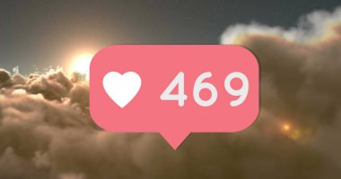 Artan takip sayısı, gökyüzü arka planına sahip kalp simgeleri gibi. Sosyal medya, ağ oluşturma, katılım, popülerlik, çevrimiçi, dijital