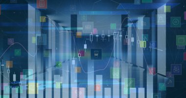 İstatistik ve veri işleme resimleri ve ofis üzerindeki simgeler. küresel iş, dijital arayüz ve teknoloji konsepti dijital olarak oluşturulmuş görüntü.