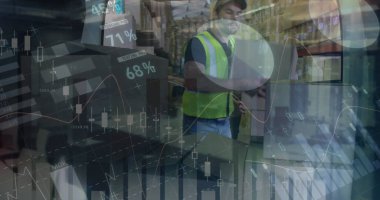 Kutuları arabaya koyan adamın veri işleme görüntüsü. küresel sevkiyat, dağıtım ve bağlantılar konsepti dijital olarak oluşturuldu.