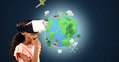 Sanal gerçekliği keşfeden, VR kulaklık takan, dünyayı keşfetmeyi hayal eden bir kız. Teknoloji, hayal gücü, yenilik, dijital, dalgın, fütüristik