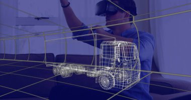 Evde VR kulaklık takan bir adamın üzerine 3 boyutlu teknik bir kamyon çizimi. teknoloji, tasarım ve dijital arayüz kavramı dijital olarak oluşturulmuş görüntü.