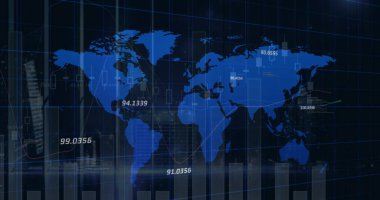 İstatistiklerin ve sayıların resmi, dünya haritası üzerinde finansal veri işleme. küresel finansman, iş dünyası, dijital arayüz ve dijital olarak üretilen görüntü konsepti.