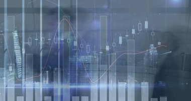 Ofiste yürüyen iş adamlarının finansal veri işleme görüntüsü. küresel finans, iş ve dijital arayüz kavramı dijital olarak oluşturulmuş görüntü.